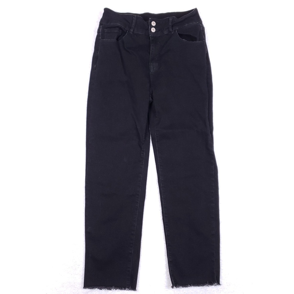 SIDEFEEL High Waisted Jeans 10 Black Straight Leg Raw Hem Stretch Denim‎